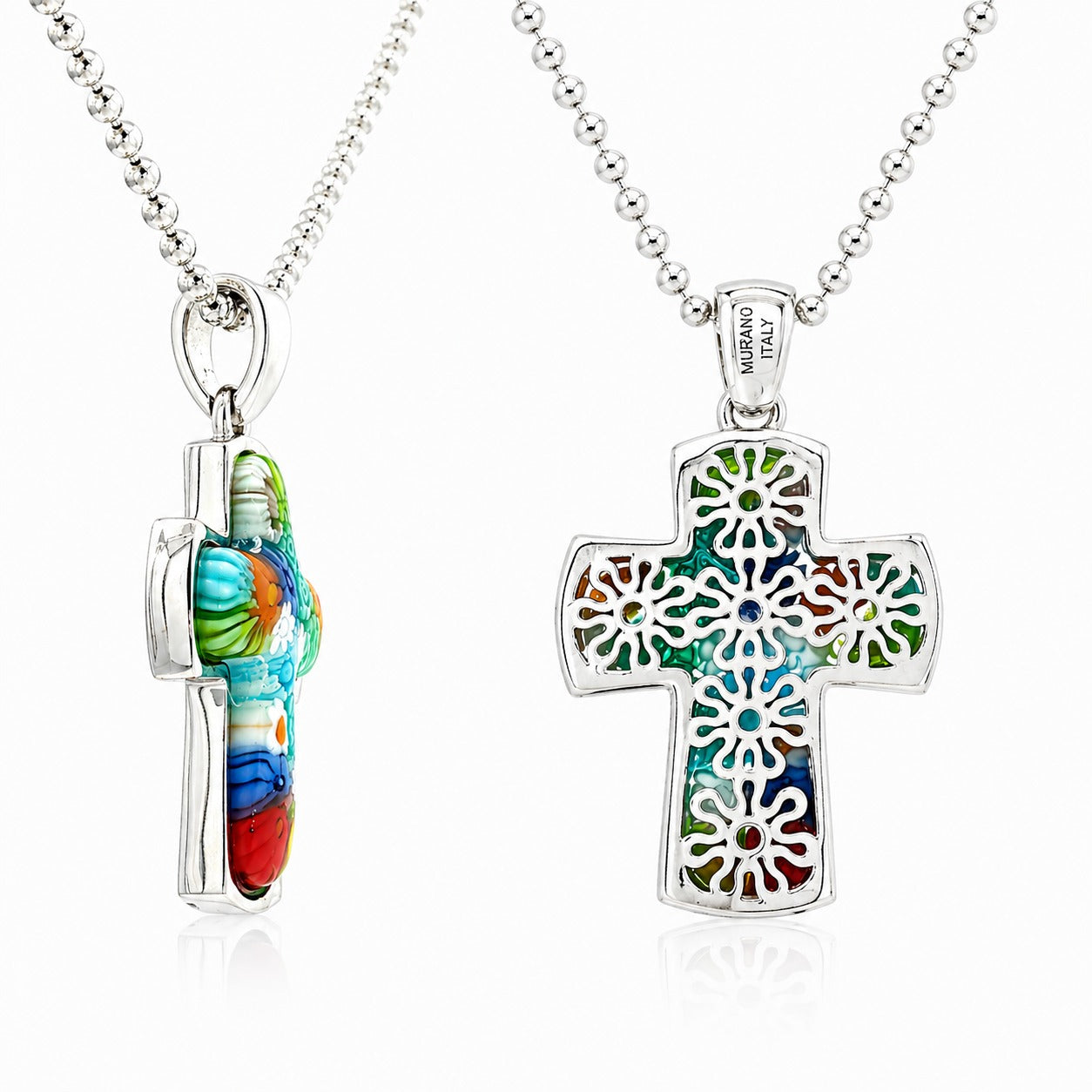 Murano-Style Millefiori Cross Necklace – Vibrant Colorful Glass Pendant Jewelry Gift