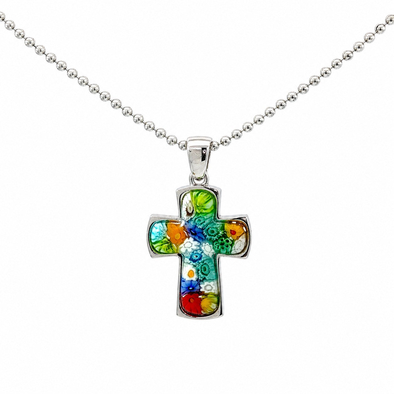 Murano-Style Millefiori Cross Necklace – Vibrant Colorful Glass Pendant Jewelry Gift