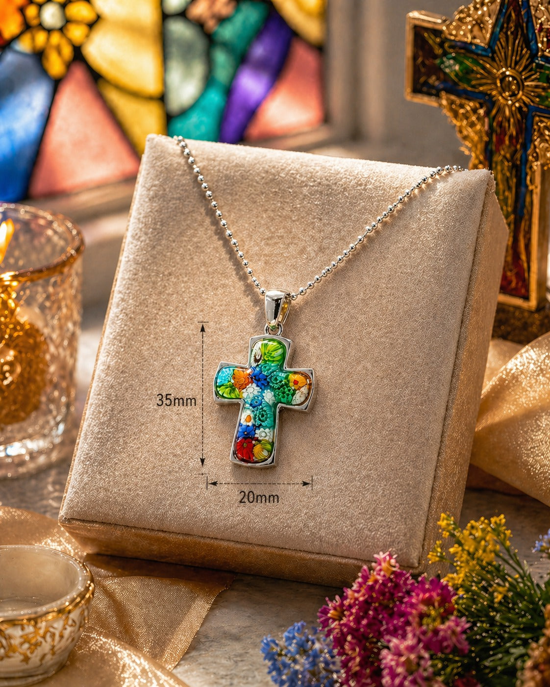 Murano-Style Millefiori Cross Necklace – Vibrant Colorful Glass Pendant Jewelry Gift