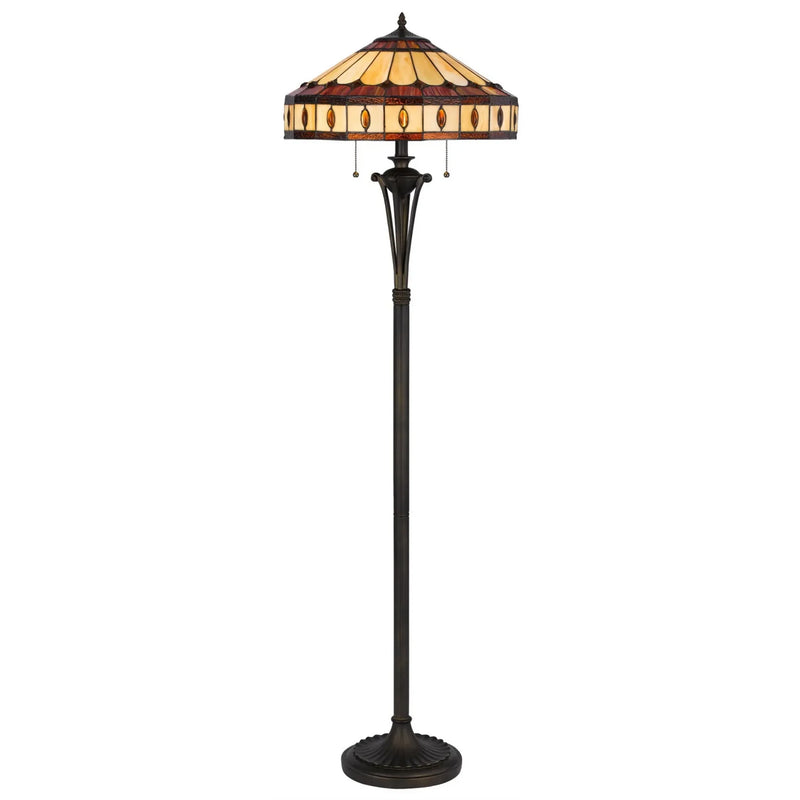 61" Bronze Two Light Traditional Shaped Floor Lamp with Purple & Ivory Abstract Tiffany Glass Shade
