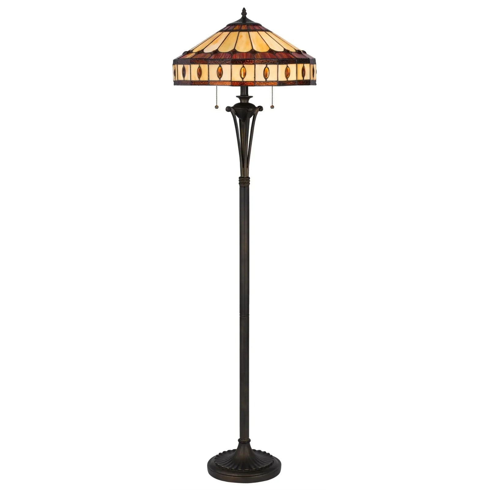 61" Bronze Two Light Traditional Shaped Floor Lamp with Purple & Ivory Abstract Tiffany Glass Shade