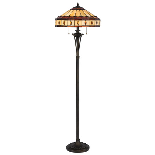 61" Bronze Two Light Traditional Shaped Floor Lamp with Purple & Ivory Abstract Tiffany Glass Shade