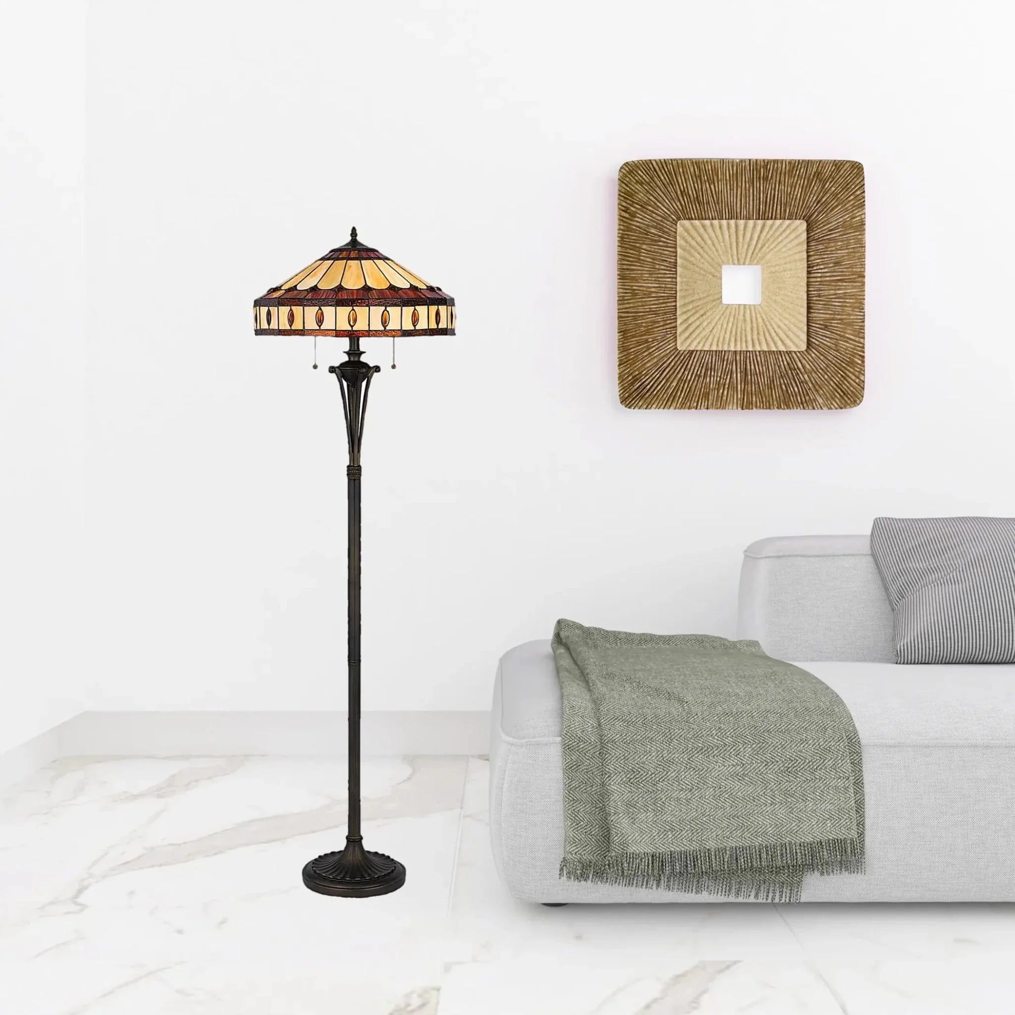 61" Bronze Two Light Traditional Shaped Floor Lamp with Purple & Ivory Abstract Tiffany Glass Shade