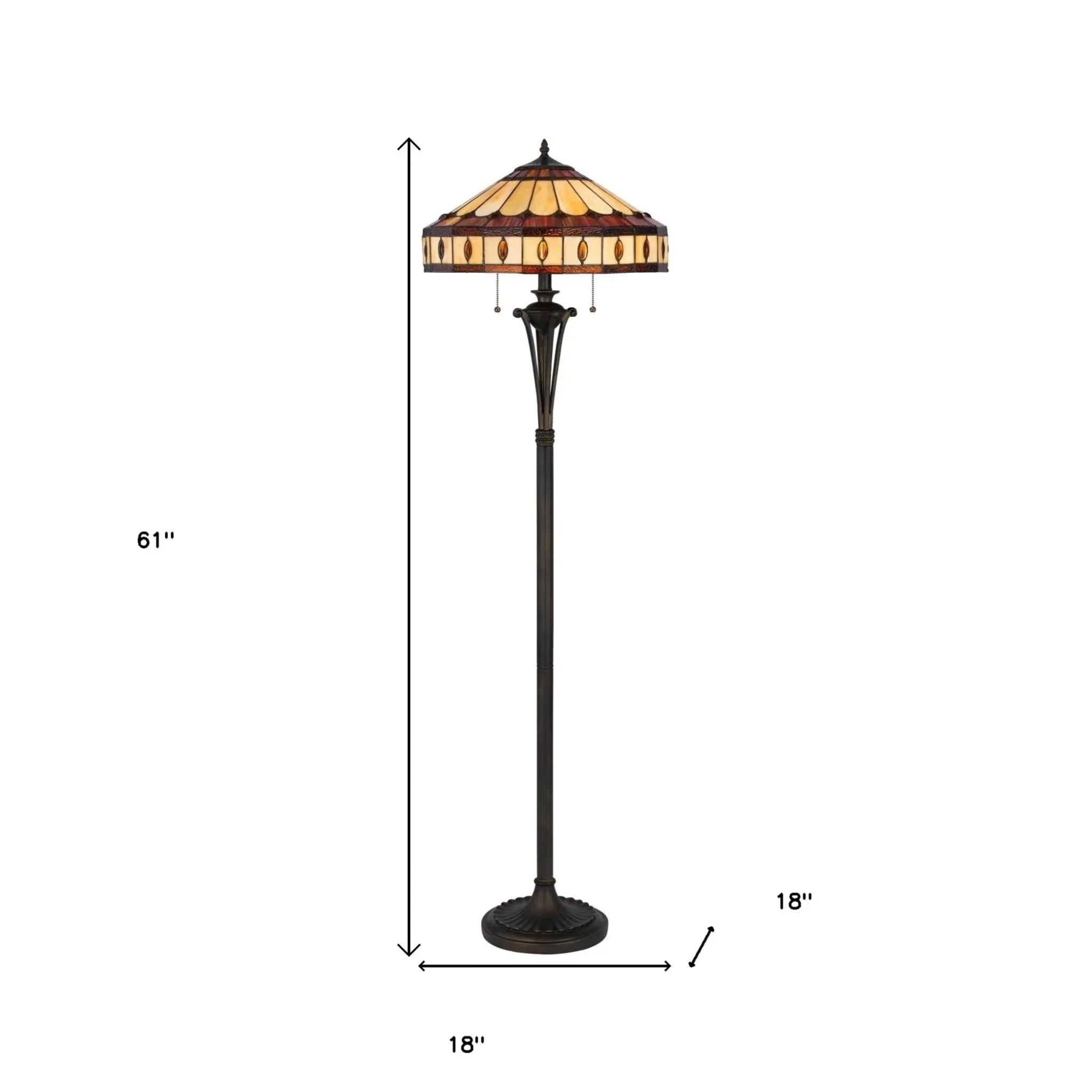 61" Bronze Two Light Traditional Shaped Floor Lamp with Purple & Ivory Abstract Tiffany Glass Shade