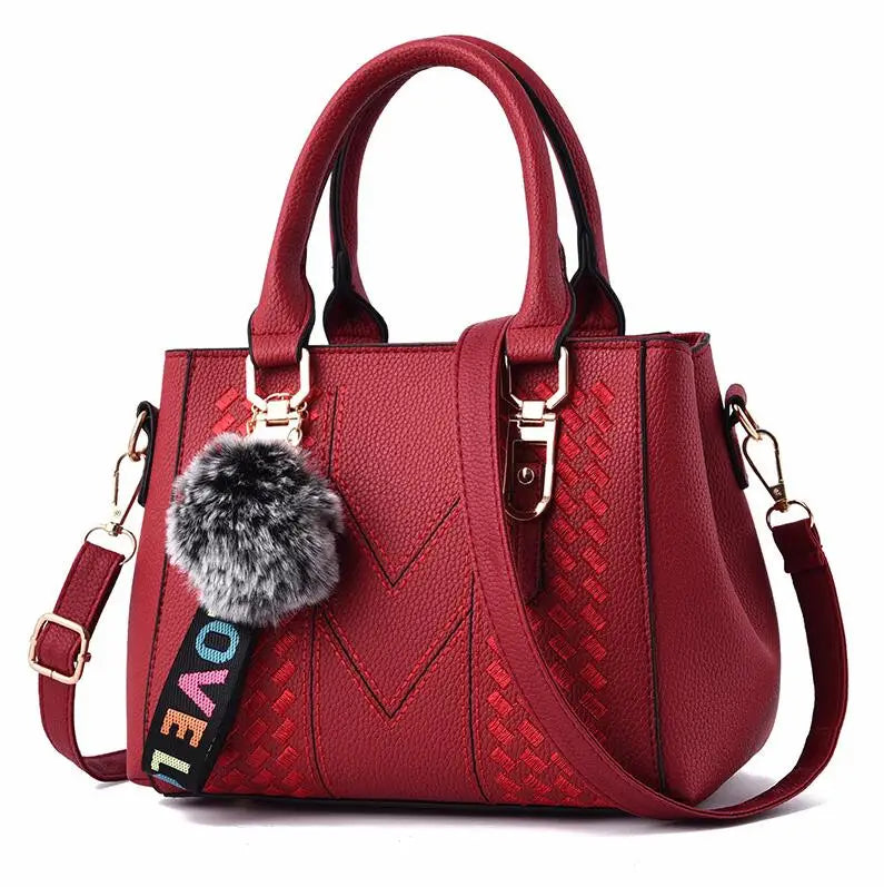Embroidered Leather Messenger Bag for Women | Stylish Ladies Crossbody Handbag with Hair Ball Charm