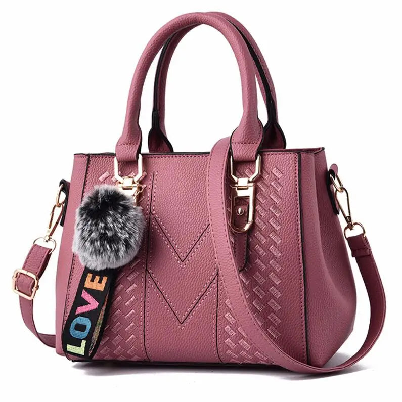 Embroidered Leather Messenger Bag for Women | Stylish Ladies Crossbody Handbag with Hair Ball Charm