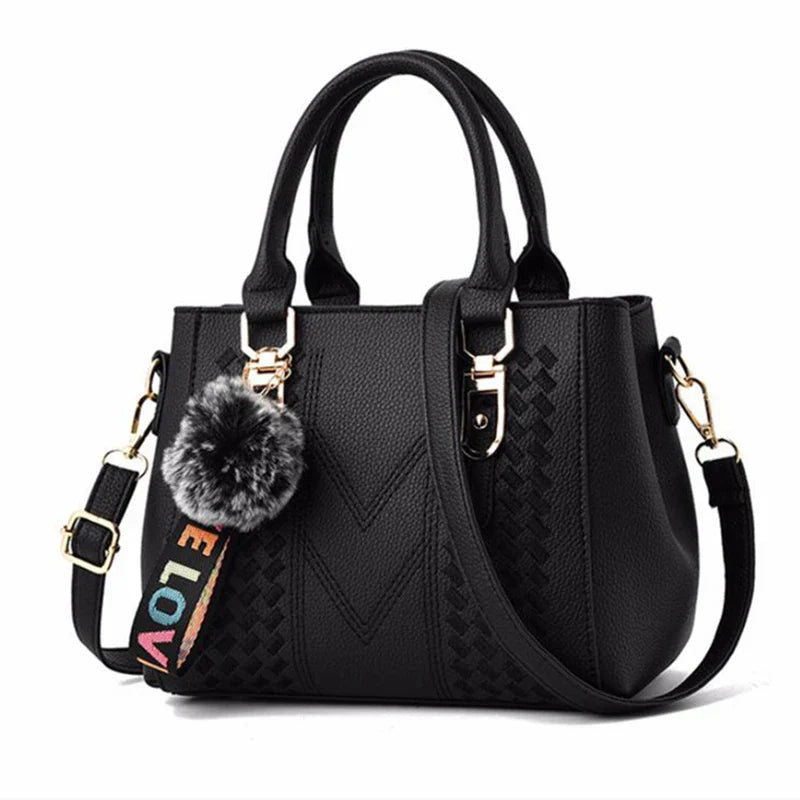 Embroidered Leather Messenger Bag for Women | Stylish Ladies Crossbody Handbag with Hair Ball Charm