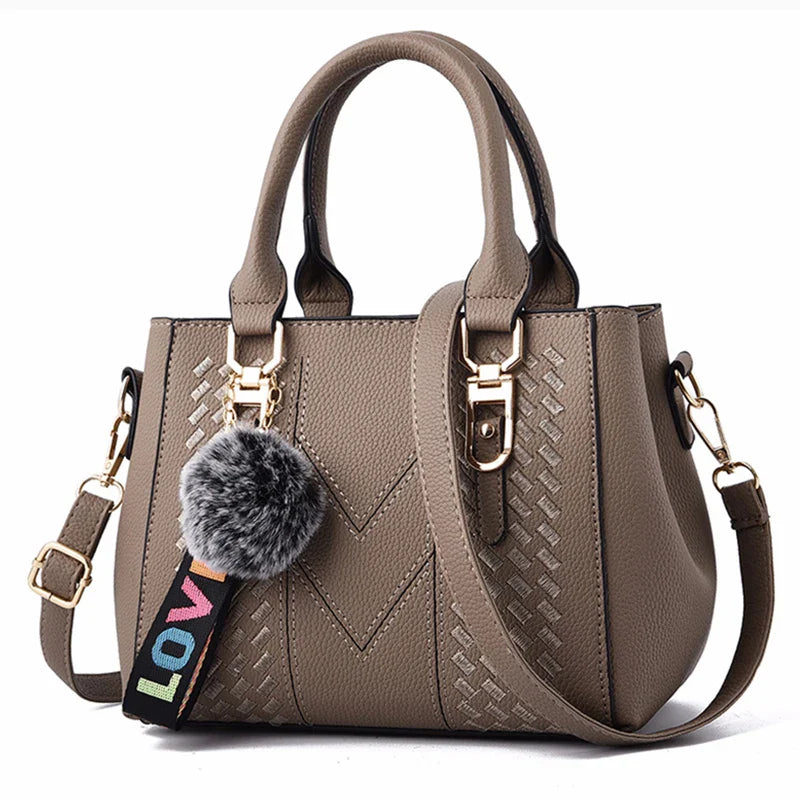 Embroidered Leather Messenger Bag for Women | Stylish Ladies Crossbody Handbag with Hair Ball Charm