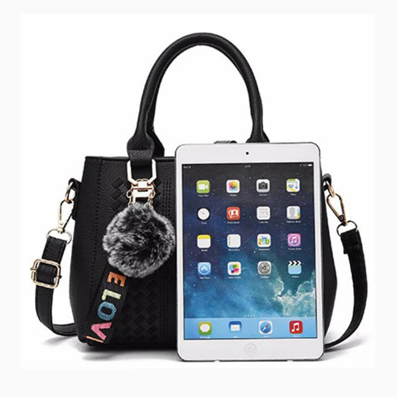 Embroidered Leather Messenger Bag for Women | Stylish Ladies Crossbody Handbag with Hair Ball Charm