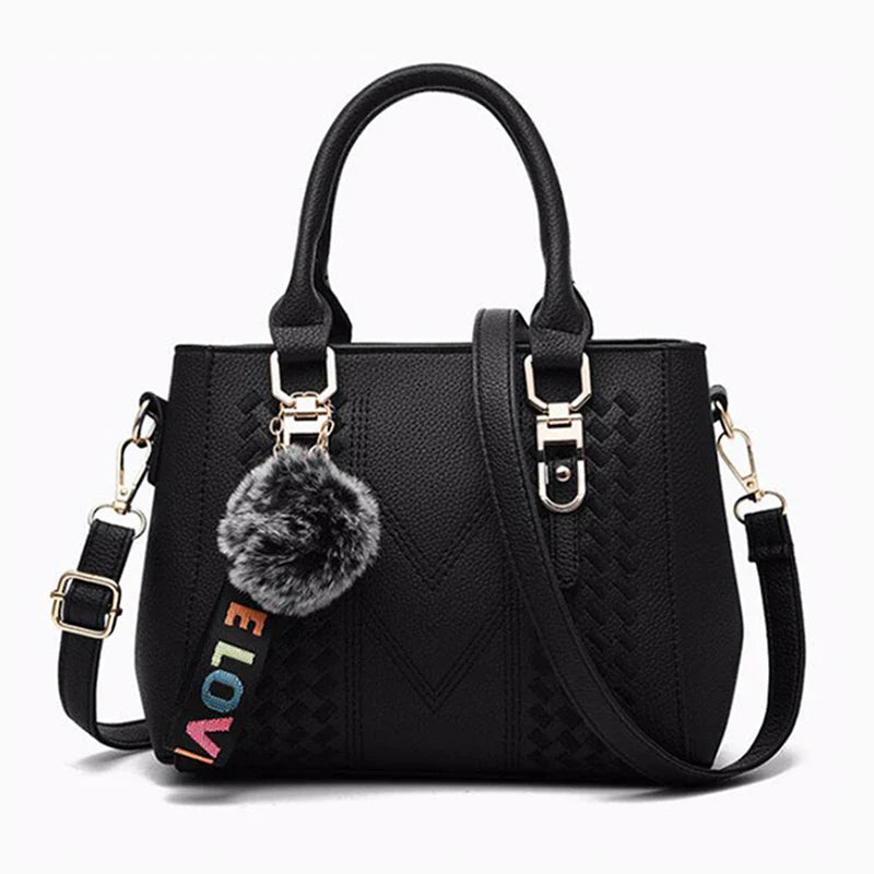 Embroidered Leather Messenger Bag for Women | Stylish Ladies Crossbody Handbag with Hair Ball Charm