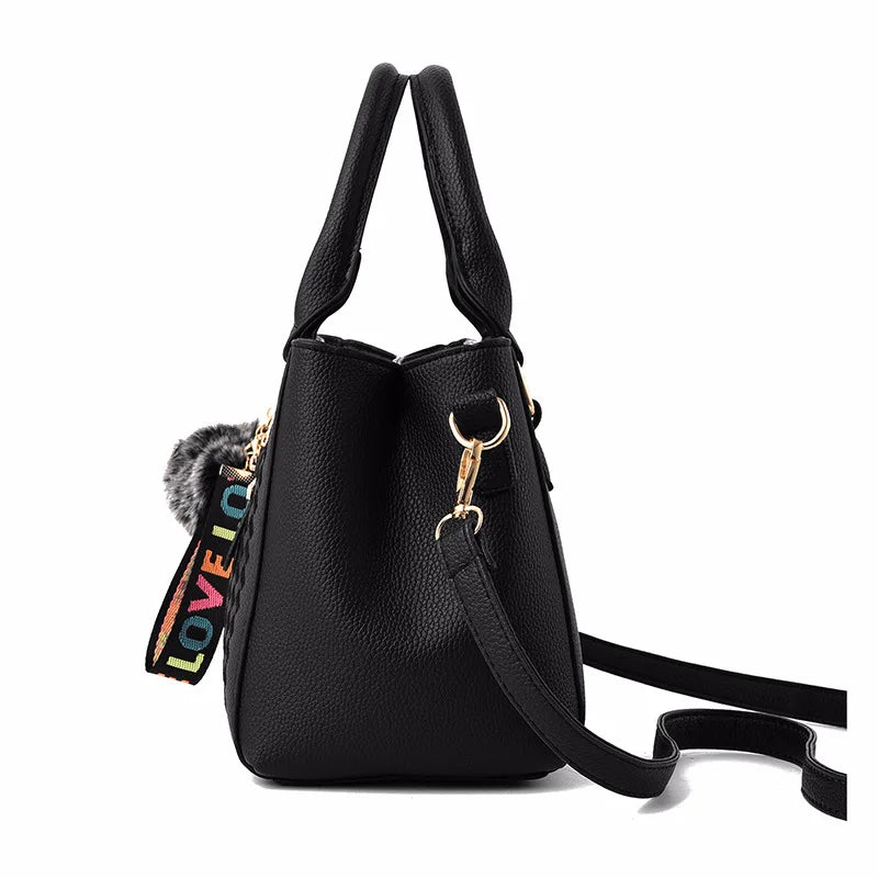 Embroidered Leather Messenger Bag for Women | Stylish Ladies Crossbody Handbag with Hair Ball Charm