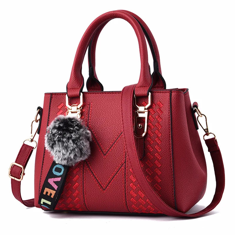 Embroidered Leather Messenger Bag for Women | Stylish Ladies Crossbody Handbag with Hair Ball Charm