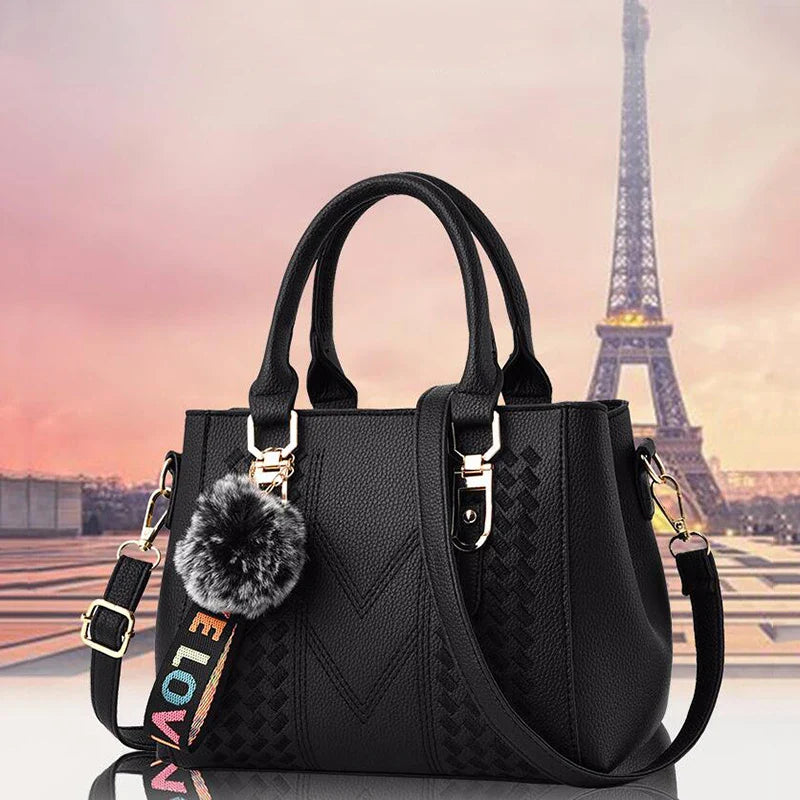 Embroidered Leather Messenger Bag for Women | Stylish Ladies Crossbody Handbag with Hair Ball Charm