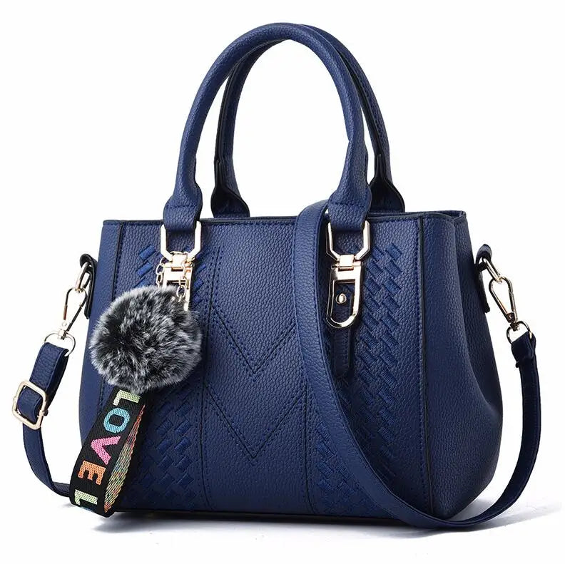 Embroidered Leather Messenger Bag for Women | Stylish Ladies Crossbody Handbag with Hair Ball Charm
