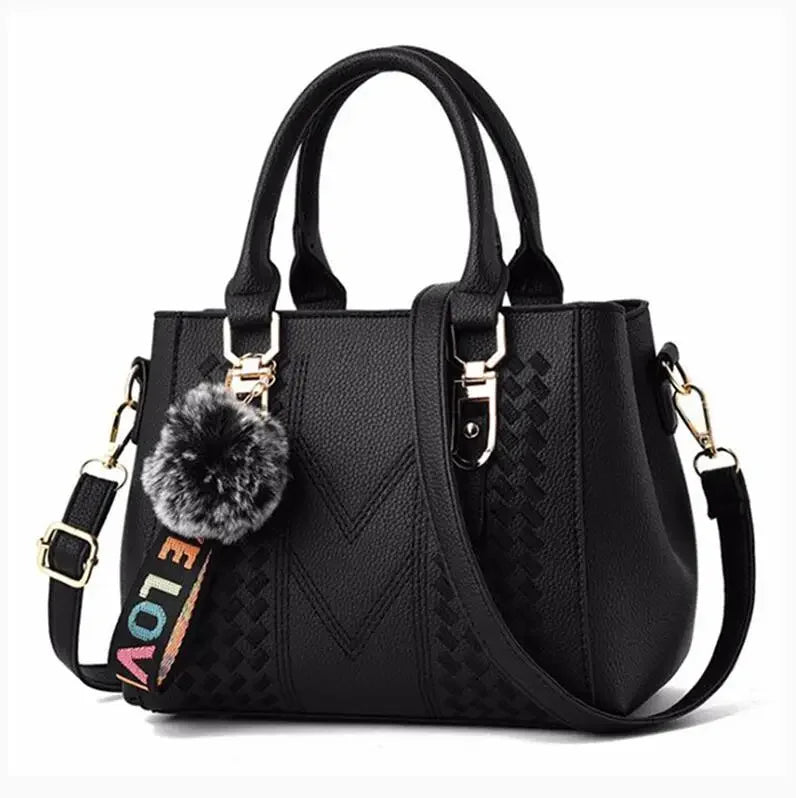 Embroidered Leather Messenger Bag for Women | Stylish Ladies Crossbody Handbag with Hair Ball Charm