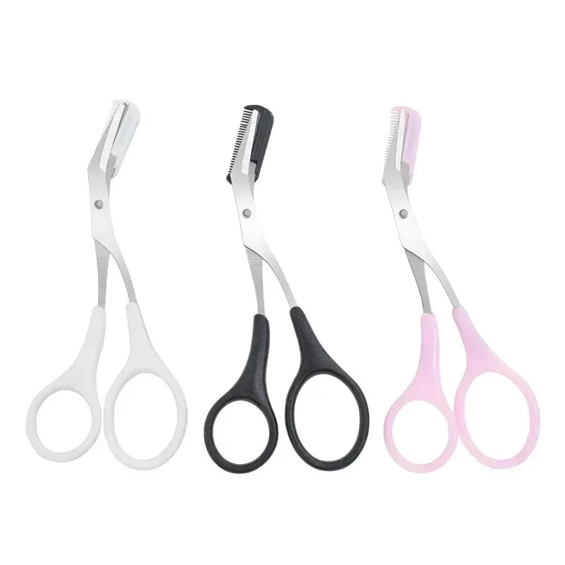 Pink eyebrow trimming scissors with built-in comb - stainless steel, precise grooming tool, creating perfect eyebrows