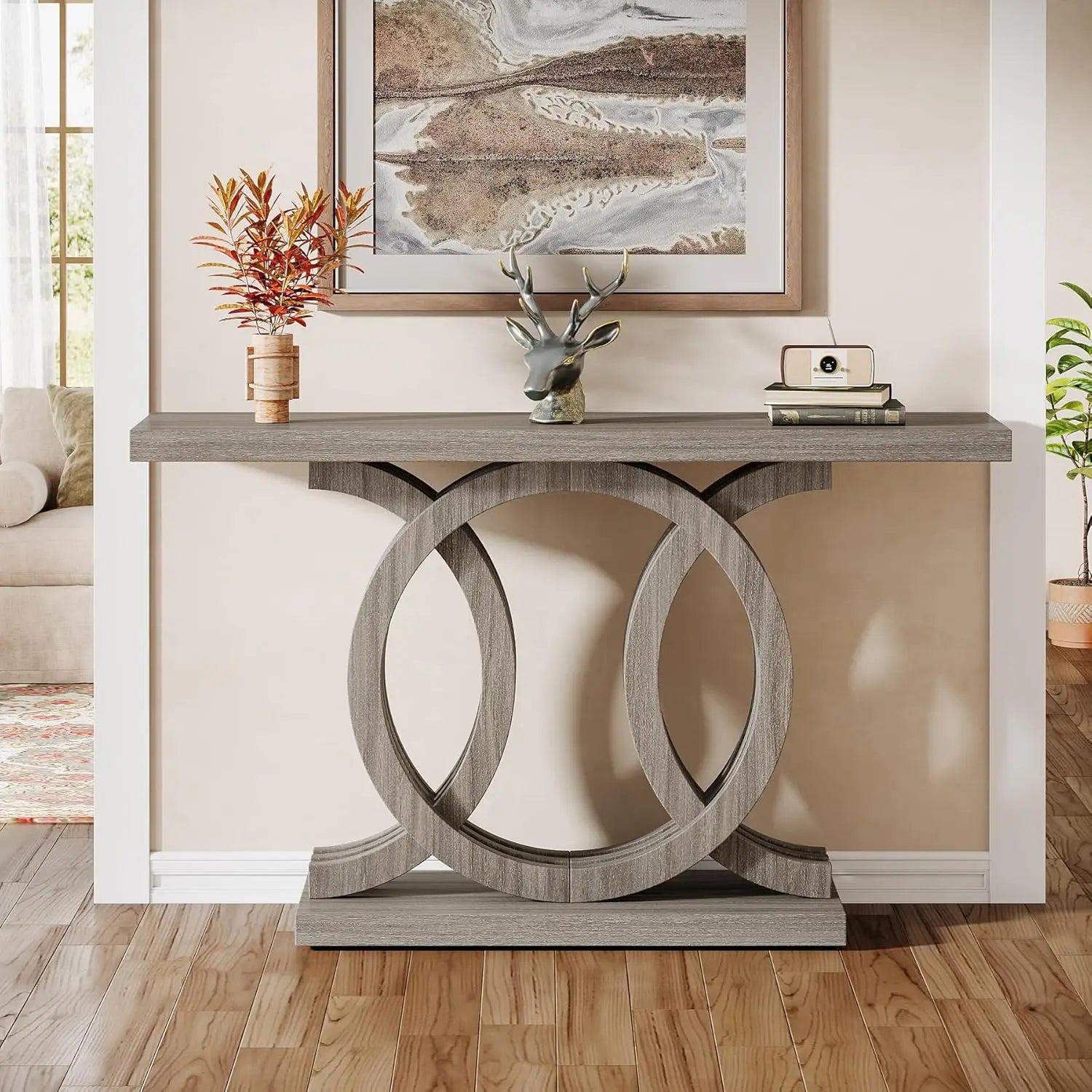 Modern 55-Inch Console Table – Geometric Wood Base Entryway Table with Thick Top for Hallway & Living Room