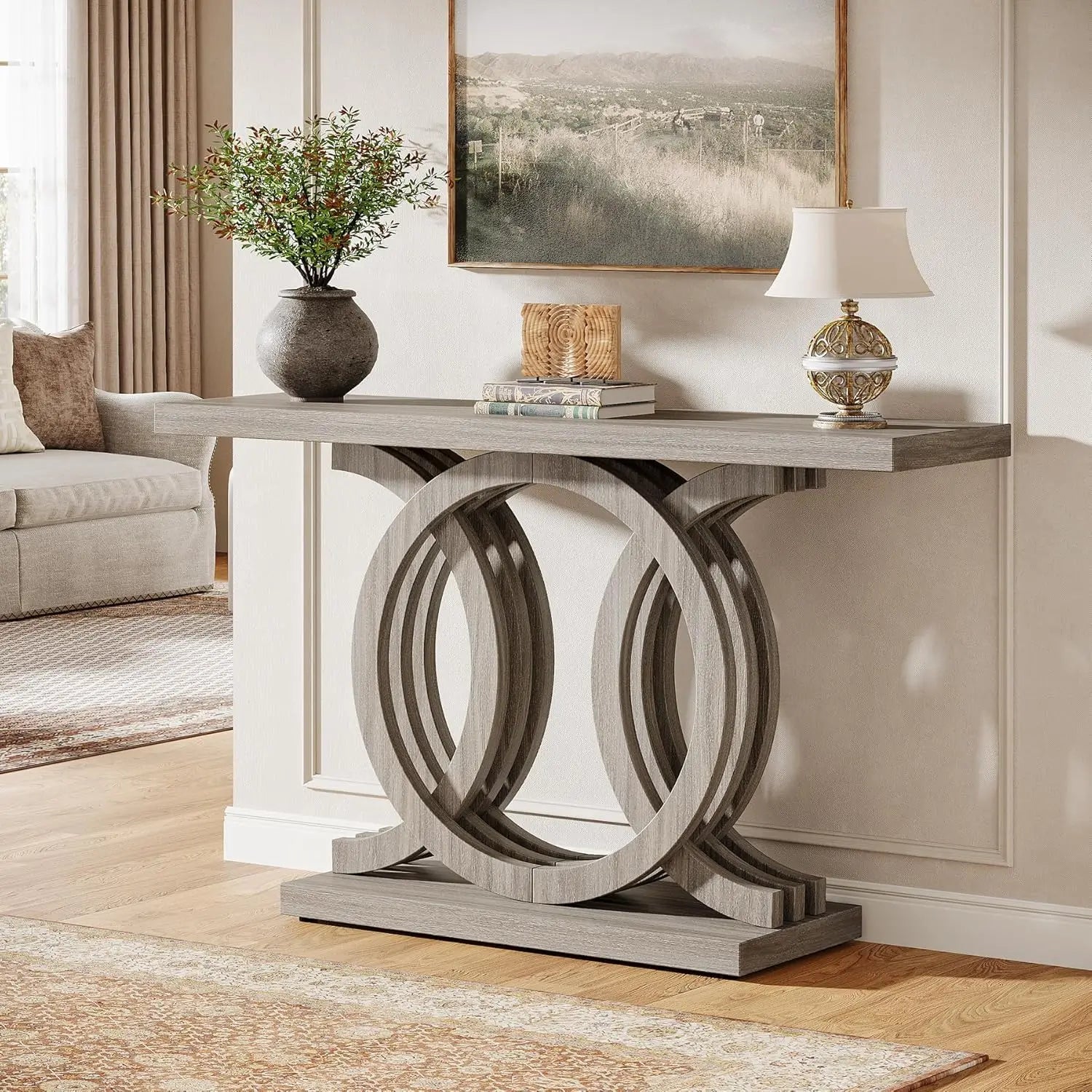 Modern 55-Inch Console Table – Geometric Wood Base Entryway Table with Thick Top for Hallway & Living Room