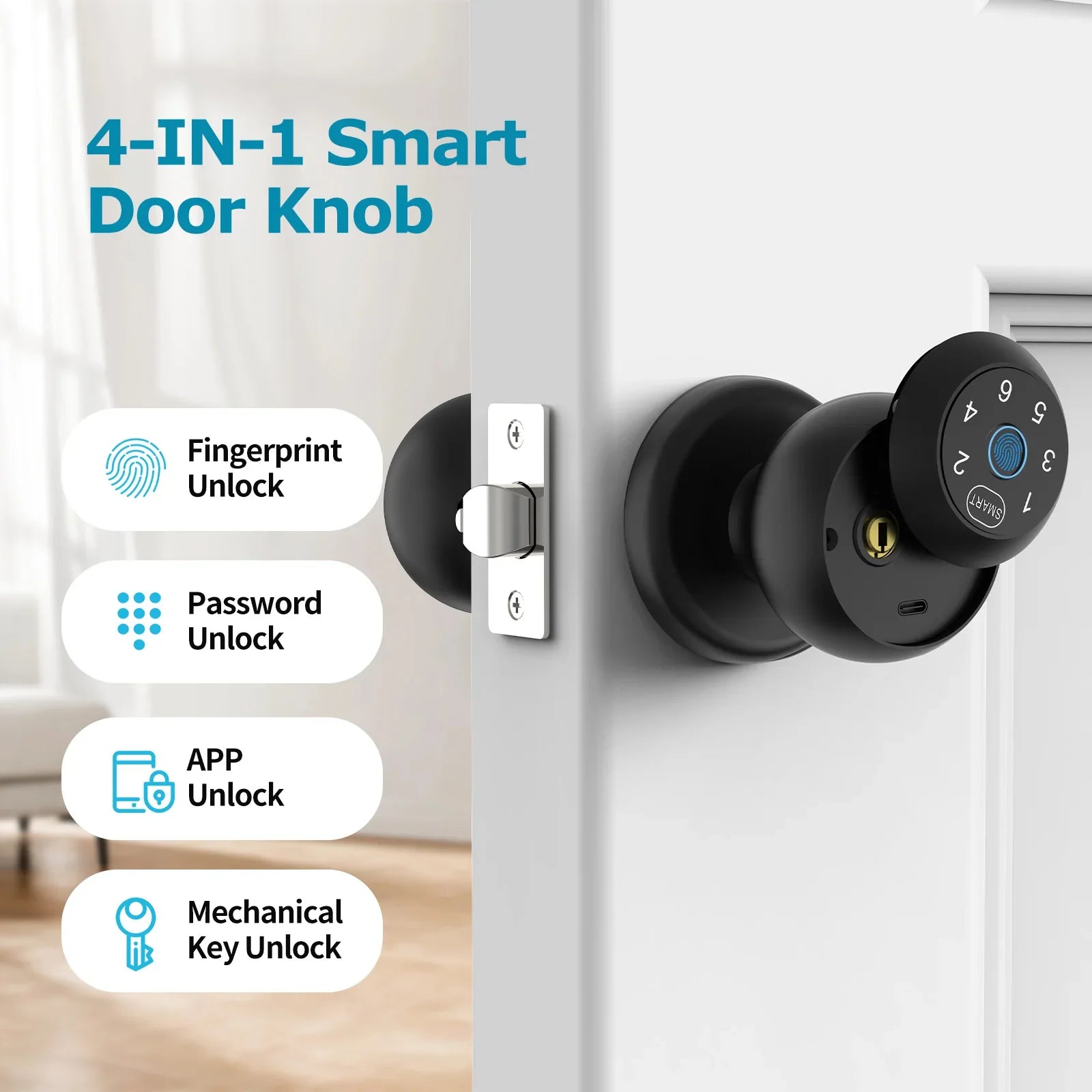 Smart Fingerprint Door Lock with Keypad & App Control – Ball-Shaped Electronic Touchscreen Handle