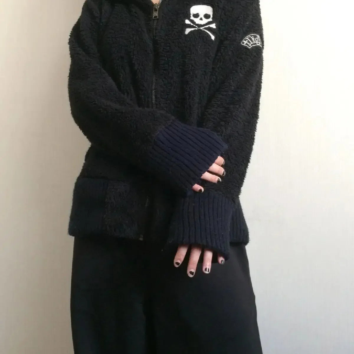 Lamb Wool Jackets Women Gothic Y2k Hoodies Cross Skull Grunge Zipper Sweatshirts Vintage Casual Hooded Coats Harajuku Streetwear