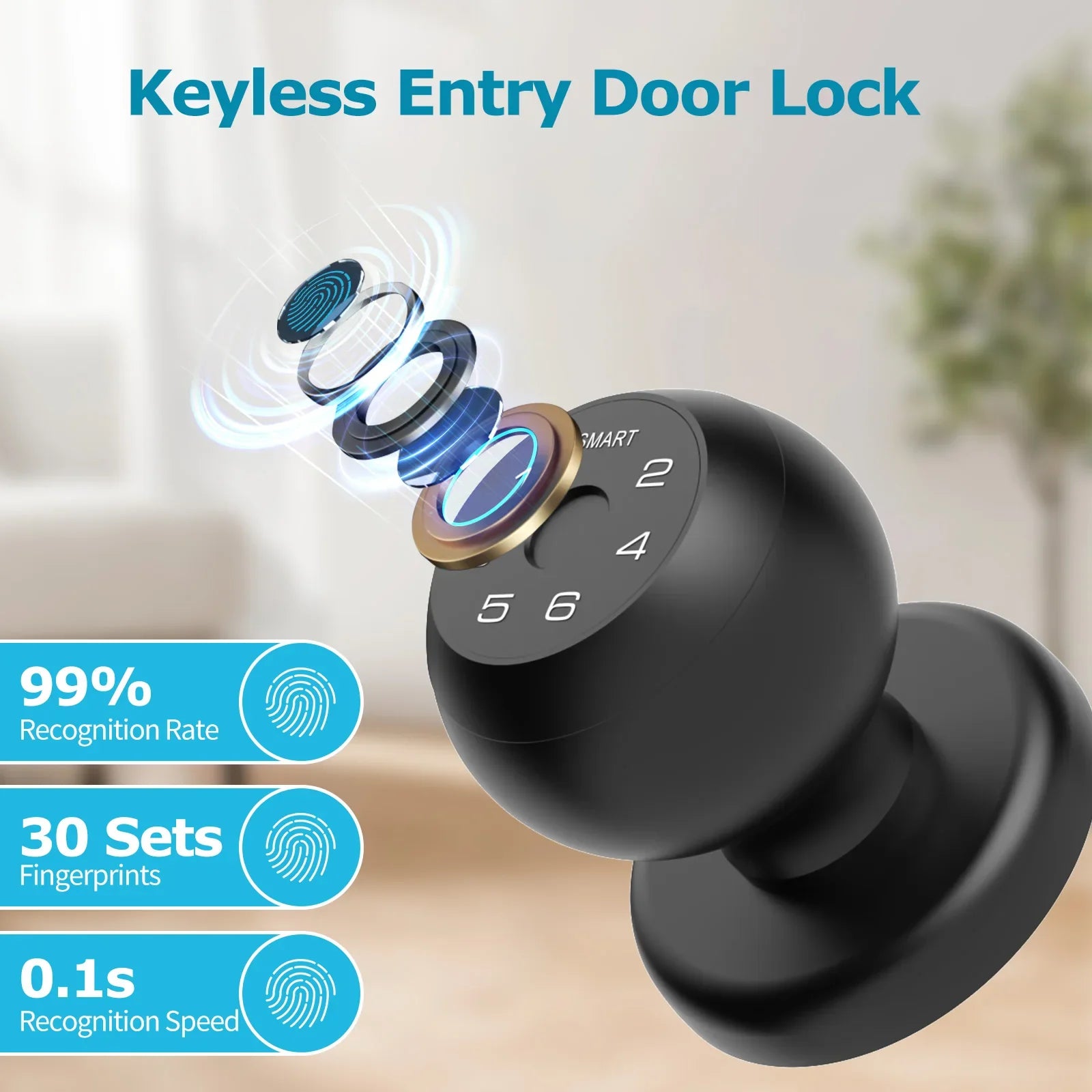 Smart Fingerprint Door Lock with Keypad & App Control – Ball-Shaped Electronic Touchscreen Handle