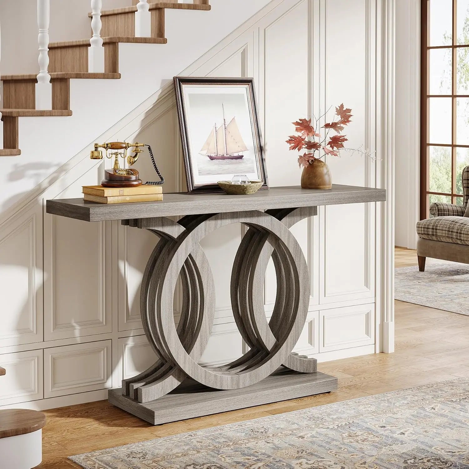 Modern 55-Inch Console Table – Geometric Wood Base Entryway Table with Thick Top for Hallway & Living Room