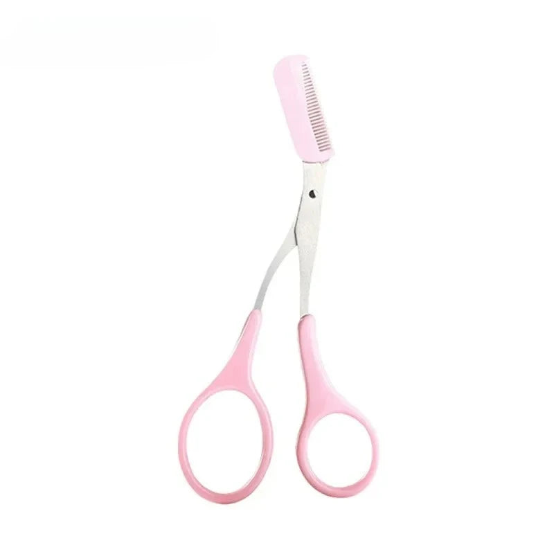 Pink eyebrow trimming scissors with built-in comb - stainless steel, precise grooming tool, creating perfect eyebrows