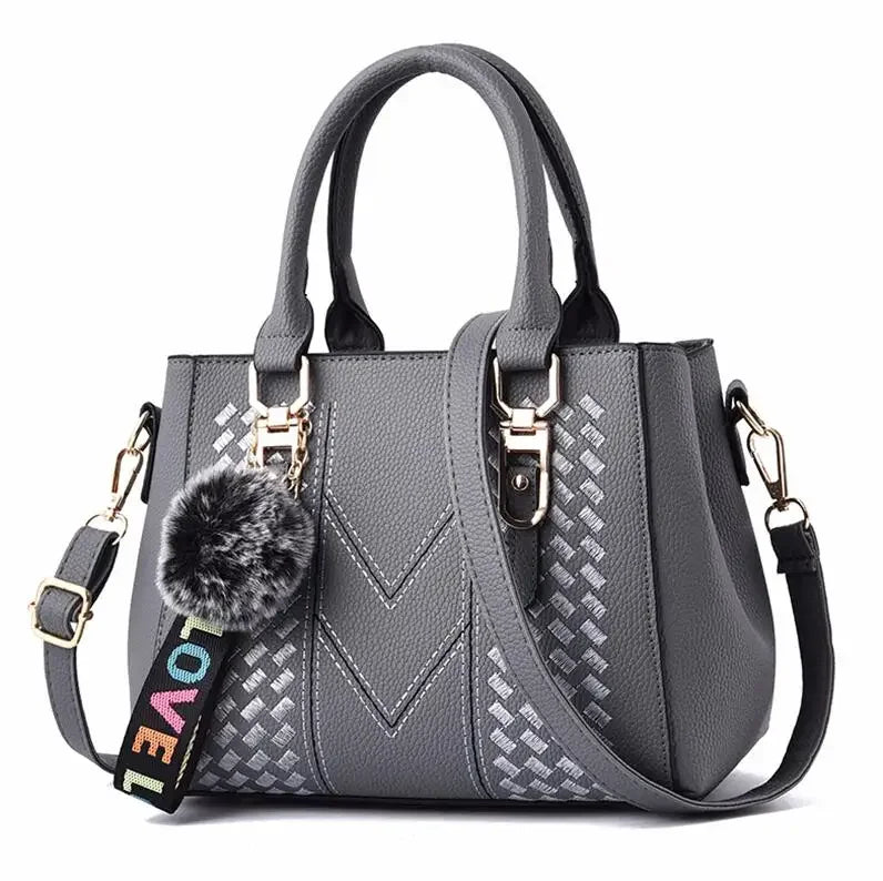 Embroidered Leather Messenger Bag for Women | Stylish Ladies Crossbody Handbag with Hair Ball Charm