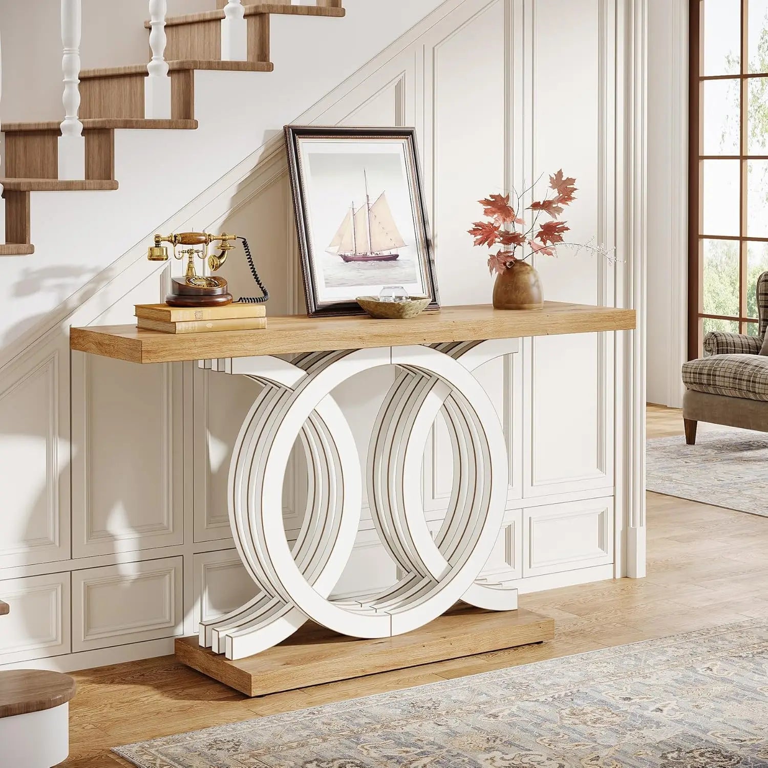 Modern 55-Inch Console Table – Geometric Wood Base Entryway Table with Thick Top for Hallway & Living Room