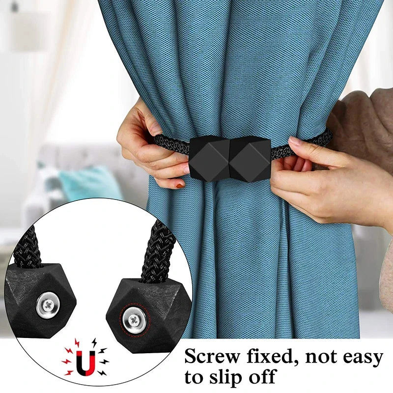 2pcs Curtain Tiebacks with Strong Magnet Thick Rope Design Bedroom Living Room Kitchen Durable Plastic Home Decor Accessory