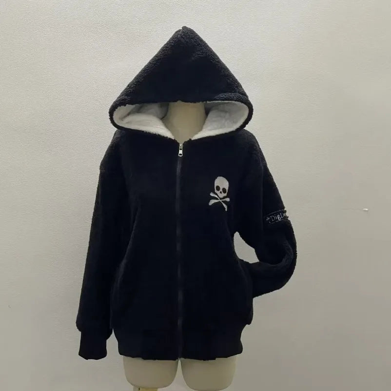 Lamb Wool Jackets Women Gothic Y2k Hoodies Cross Skull Grunge Zipper Sweatshirts Vintage Casual Hooded Coats Harajuku Streetwear