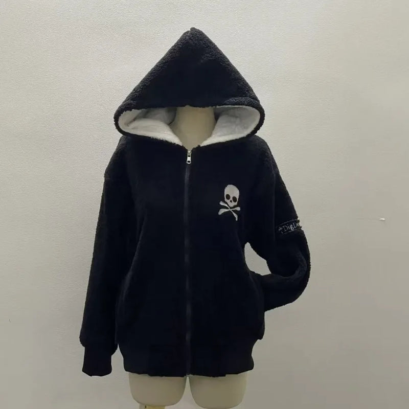 Lamb Wool Jackets Women Gothic Y2k Hoodies Cross Skull Grunge Zipper Sweatshirts Vintage Casual Hooded Coats Harajuku Streetwear