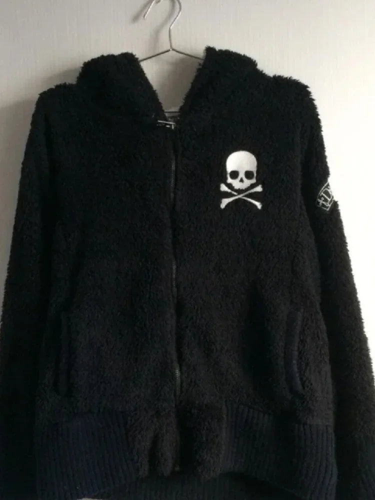 Lamb Wool Jackets Women Gothic Y2k Hoodies Cross Skull Grunge Zipper Sweatshirts Vintage Casual Hooded Coats Harajuku Streetwear