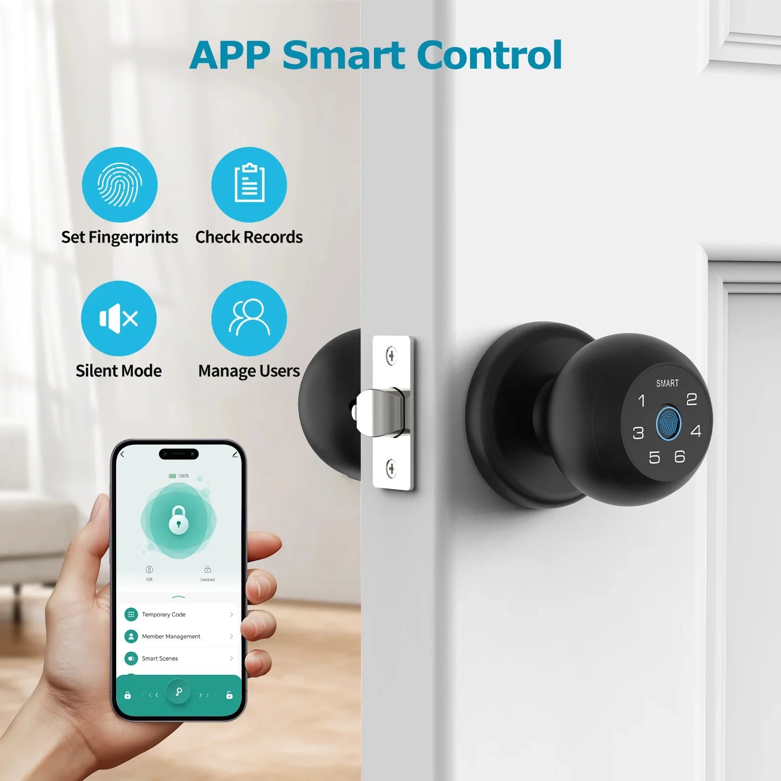 Smart Fingerprint Door Lock with Keypad & App Control – Ball-Shaped Electronic Touchscreen Handle