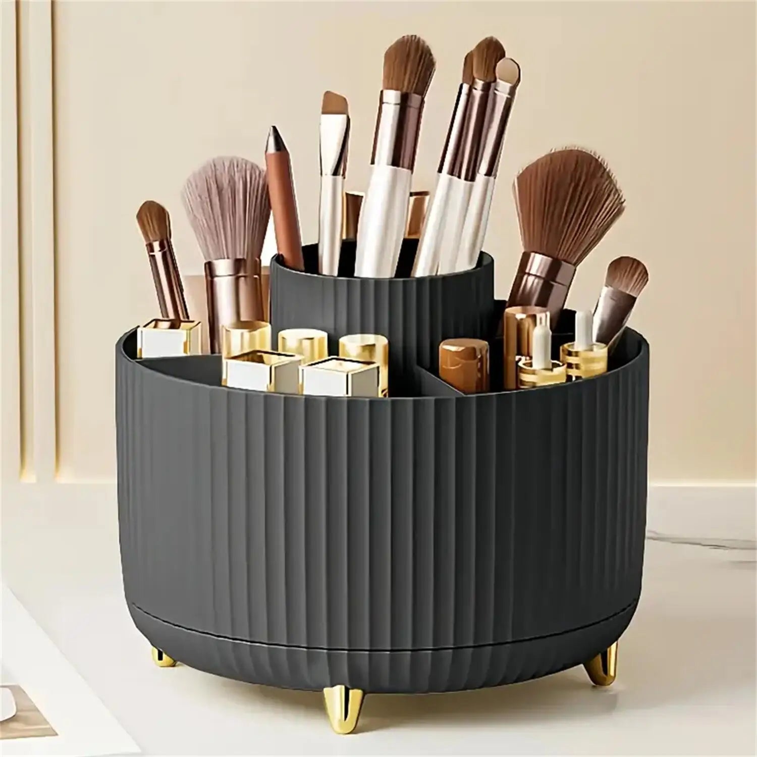 Rotating Makeup Organizer – 5 Compartment Cosmetic Storage Holder | Durable PP Plastic Vanity Organizer for Makeup, Skincare & Accessories