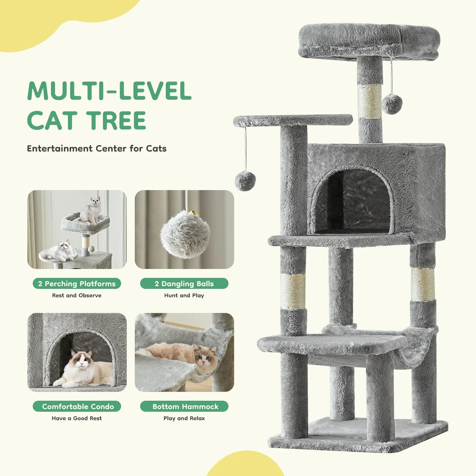 JHK 44” Cat Tree Tower – Multi-Level Indoor Cat Condo with Sisal Scratching Posts & Stable Pet House