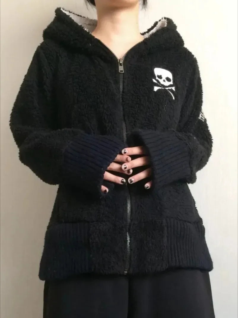 Lamb Wool Jackets Women Gothic Y2k Hoodies Cross Skull Grunge Zipper Sweatshirts Vintage Casual Hooded Coats Harajuku Streetwear