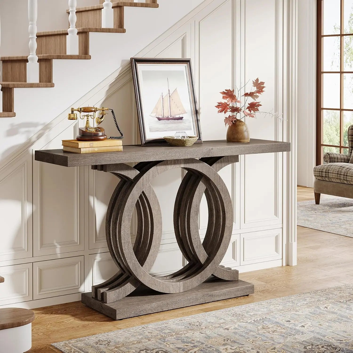 Modern 55-Inch Console Table – Geometric Wood Base Entryway Table with Thick Top for Hallway & Living Room