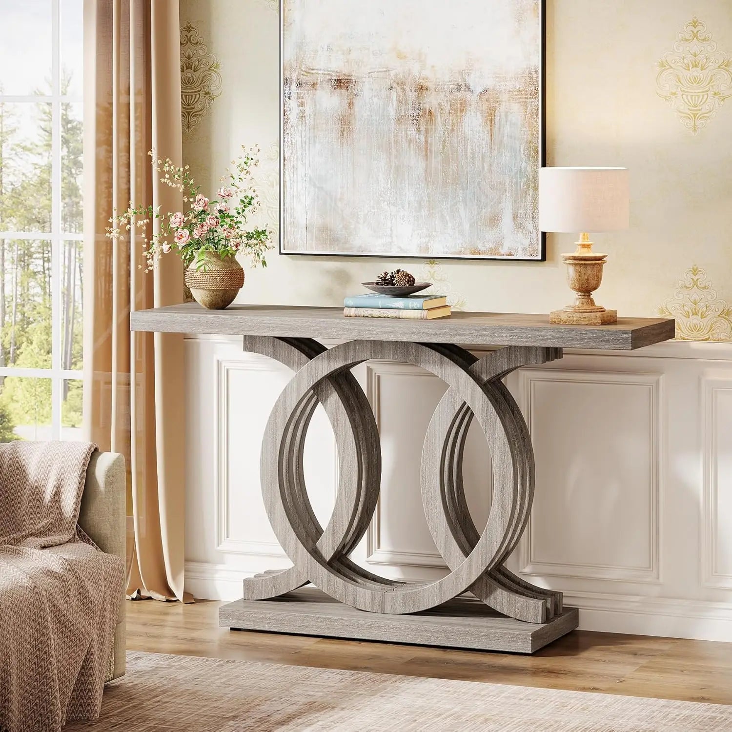 Modern 55-Inch Console Table – Geometric Wood Base Entryway Table with Thick Top for Hallway & Living Room
