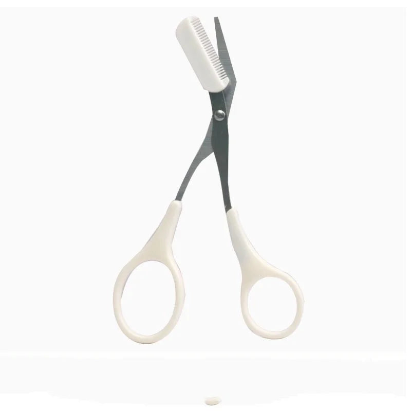 Pink eyebrow trimming scissors with built-in comb - stainless steel, precise grooming tool, creating perfect eyebrows